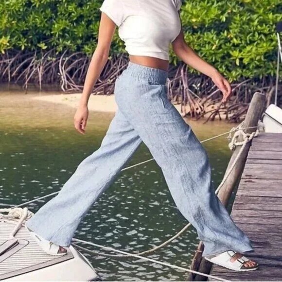 Athleta Pants - Athleta Cabo 100% Linen Wide Leg Pant Pale Blue Pockets Comfort -Like New
